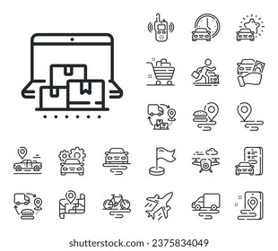 Signo de entrega de Internet. Iconos de esquema de plano, cadena de suministro y ubicación de sitio. Icono de línea de almacenamiento en línea. Símbolo de servicio de dispositivo móvil. Signo de línea de almacenamiento en línea. Transporte de taxis, alquiler de un icono de bicicleta. Vector