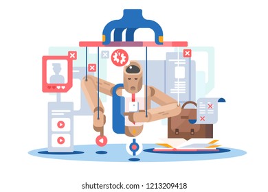 Internet dependent puppet wooden doll icon. Social media manipulation concept. Man marionette controlled. Flat. Vector illustration.