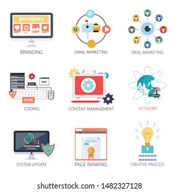 Internet design vector icons collection of  Branding, Email Marketing, Viral Marketing, Coding, Content Management, Network, System Update, Page Ranking, Creative Process. Internet design elements