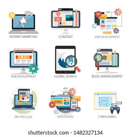 Internet design vector icons collection of  Internet Marketing, Content, Web Development, Global Search, Blog Management, Pay Per Click, Web Design, Cyber Games . Internet design elements.