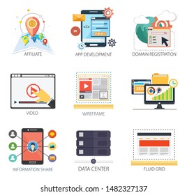Internet design vector icons collection of Affiliate, App Development, Domain Registration, Video, Wireframe, Information Share, Data Center, Fluid grid. Internet design elements. Internet design vector icons collection of Affiliate, App Development, Domain Registration, Video, Wireframe, Information Share, Data Center, Fluid grid. Internet design elements.