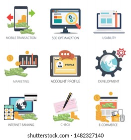 Internet design vector icons collection of Mobile Transaction, SEO Optimization, Usability, Marketing, Account Profile, Development, Internet Banking, Check, E-Commerce . Internet design elements. Internet design vector icons collection of Mobile Transaction, SEO Optimization, Usability, Marketing, Account Profile, Development, Internet Banking, Check, E-Commerce . Internet design elements.