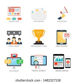 Internet Design Vektorsymbole Sammlung Website-Karte, Copyrights, Werbung, Social Group, High Quality SEO, E-Mail-Nachricht, Multimedia, People Search, Online Control . Internetdesign-Elemente