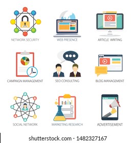 Internet design vector icons collection of  Network Security, Web Presence, Article Writing, Campaign Management, SEO Consulting, Blog Management, Social Network, Marketing Research, Advertisement.