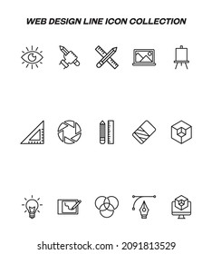 Internet and development concept. Vector outline signs and editable strokes for web sites, advertisement, lists etc. Line icons of eye, liner, pencil, lens, blade, cube, entwinted circles 