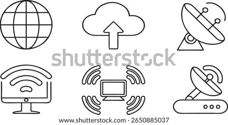 Internet and digital connection icon set, includes globe, wifi signal, browser window, domain, search engine, online message, cloud, editable black line style