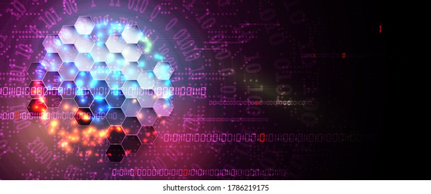 Internet digital cyber security technology concept for business background. Hexagons with radial binary code on abstract circuit board