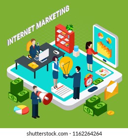 Internet digital marketing isometric concept with people working at office money and electronic devices 3d vector illustration
