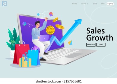 Internet Digital Store With Man On Shopping. E-commerce Advertising Illustration. Happy Customer Sitting Near Shopping Bags Around Him. Online Marketing. Vector Illustration EPS10.