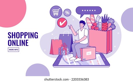 Internet digital store scene with man on shopping. E-commerce advertising illustration. fast online delivery service. package box with groceries out of mobile screen. Food delivery. vector outline.