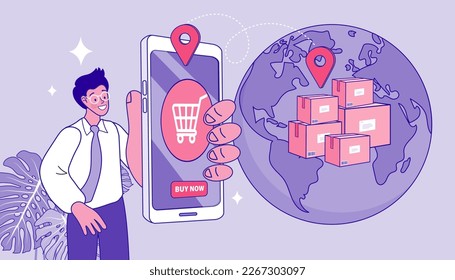 Internet digital store scene with man on shopping. E-commerce advertising illustration. fast online delivery service. Hands holding a package box with groceries out of mobile screen. Food delivery.