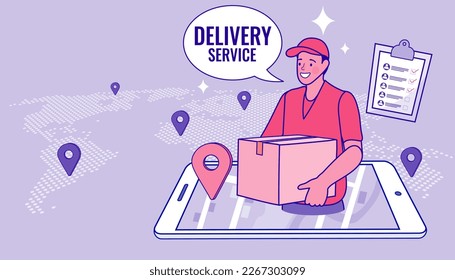 Internet digital store scene with man on shopping. E-commerce advertising illustration. fast online delivery service. Hands holding a package box with groceries out of mobile screen. Food delivery.