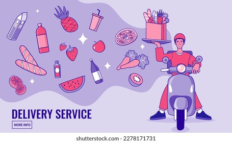 Internet digital store scene with man on shopping. E-commerce advertising illustration. fast online delivery service. Hands holding a paper bag with groceries out of mobile screen. Food delivery.