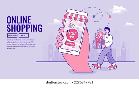 Escena de tienda digital de internet con hombre de compras. Ilustración publicitaria del comercio electrónico. servicio de entrega rápida en línea. Manos sosteniendo una caja de paquetes con comestibles fuera de la pantalla móvil.