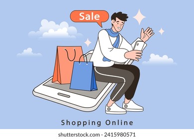 Escena de tienda digital de internet con hombre de compras. Ilustración publicitaria del comercio electrónico. servicio de entrega rápida en línea. Manos sosteniendo una caja de paquetes con comestibles fuera de la pantalla móvil. Entrega de alimentos.