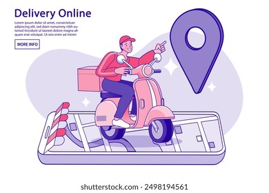 Escena de tienda digital de Internet con el hombre en las compras. Ilustración de publicidad de comercio electrónico. servicio de entrega en línea rápida. comestibles fuera de la pantalla móvil. Entrega de comida en redes sociales a través del teléfono.