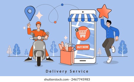 Escena de la tienda digital de Internet con la gente en las compras. Ilustración publicitaria de comercio electrónico. servicio de entrega en línea rápido. Manos sosteniendo una caja de paquetes con alimentos fuera de la pantalla del móvil. Entrega de comida.