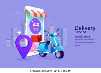 Internet digital store scene with people on shopping. E-commerce advertising illustration. fast online delivery service. Hands holding a package box with groceries out of mobile screen. Food delivery.