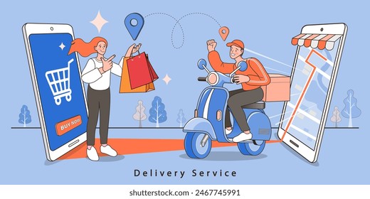 Internet digital store scene with people on shopping. E-commerce advertising illustration. fast online delivery service. Hands holding a package box with groceries out of mobile screen. Food delivery.