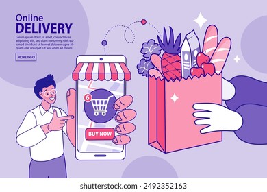 Internet digital store scene with people on shopping. E-commerce advertising illustration. fast online delivery service. Hands holding a package box with groceries out of mobile screen. Food delivery.