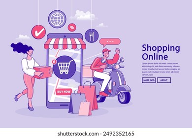 Escena de la tienda digital de Internet con la gente en las compras. Ilustración publicitaria de comercio electrónico. servicio de entrega en línea rápido. Manos sosteniendo una caja de paquetes con alimentos fuera de la pantalla del móvil. Entrega de comida.