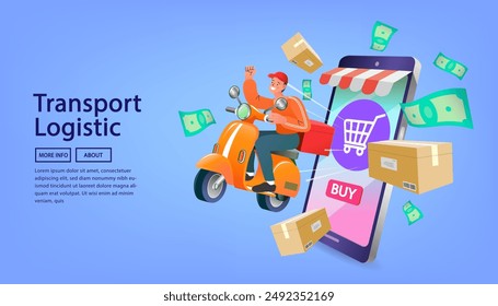 Internet digital store scene with people on shopping. E-commerce advertising illustration. fast online delivery service. Hands holding a package box with groceries out of mobile screen. Food delivery.