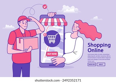 Escena de la tienda digital de Internet con la gente en las compras. Ilustración publicitaria de comercio electrónico. servicio de entrega en línea rápido. Manos sosteniendo una caja de paquetes con alimentos fuera de la pantalla del móvil. Entrega de comida.