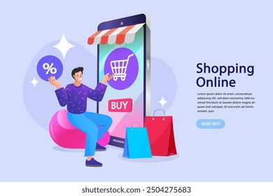 Internet digital store scene with people on shopping. E-commerce advertising illustration. fast online delivery service. Hands holding a package box with groceries out of mobile screen. Food delivery.