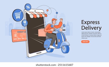 Escena de tienda digital de Internet con gente de compras. Ilustración de publicidad de comercio electrónico. servicio de entrega en línea rápida. Manos que sostienen una caja del paquete con los comestibles fuera de la pantalla móvil. Entrega de comida.