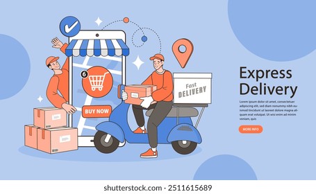 Escena de tienda digital de Internet con gente de compras. Ilustración de publicidad de comercio electrónico. servicio de entrega en línea rápida. Manos que sostienen una caja del paquete con los comestibles fuera de la pantalla móvil. Entrega de comida.