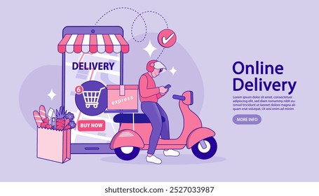 Escena de tienda digital de Internet con gente de compras. Ilustración de publicidad de comercio electrónico. servicio de entrega en línea rápida. Manos que sostienen una caja del paquete con los comestibles fuera de la pantalla móvil. Entrega de comida.