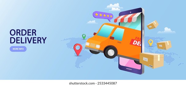 Internet digital store scene with people on shopping. E-commerce advertising illustration. fast online delivery service. package box with groceries out of mobile screen. Food delivery. Online shop.