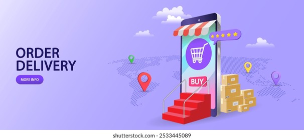 Internet digital store scene with people on shopping. E-commerce advertising illustration. fast online delivery service. package box with groceries out of mobile screen. Food delivery. Online shop.