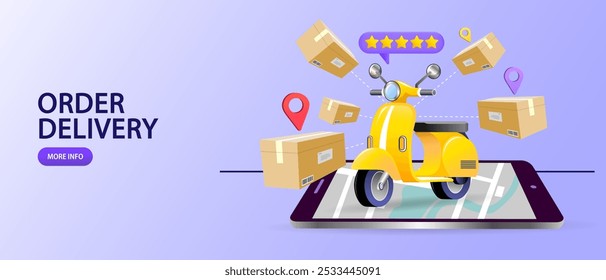 Internet digital store scene with people on shopping. E-commerce advertising illustration. fast online delivery service. package box with groceries out of mobile screen. Food delivery. Online shop.