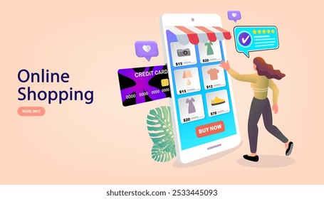 Internet digital store scene with people on shopping. E-commerce advertising illustration. fast online delivery service. package box with groceries out of mobile screen. Food delivery. Online shop.