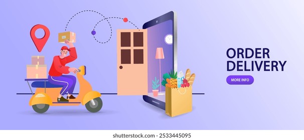 Internet digital store scene with people on shopping. E-commerce advertising illustration. fast online delivery service. package box with groceries out of mobile screen. Food delivery. Online shop.