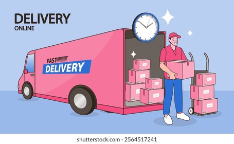 Internet digital store scene with people on shopping. E-commerce advertising illustration. fast online delivery service. Hands holding a package box with groceries out of mobile screen. Food delivery.