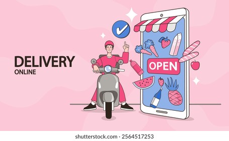 Internet digital store scene with people on shopping. E-commerce advertising illustration. fast online delivery service. Hands holding a package box with groceries out of mobile screen. Food delivery.