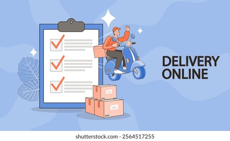 Internet digital store scene with people on shopping. E-commerce advertising illustration. fast online delivery service. Hands holding a package box with groceries out of mobile screen. Food delivery.