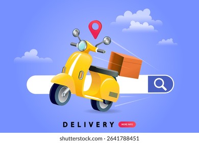 Internet digital store scene with people on shopping. E-commerce advertising illustration. fast online delivery service. Hands holding a package box with groceries out of mobile screen. Food delivery.