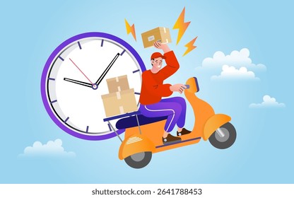 Internet digital store scene with people on shopping. E-commerce advertising illustration. fast online delivery service. Hands holding a package box with groceries out of mobile screen. Food delivery.