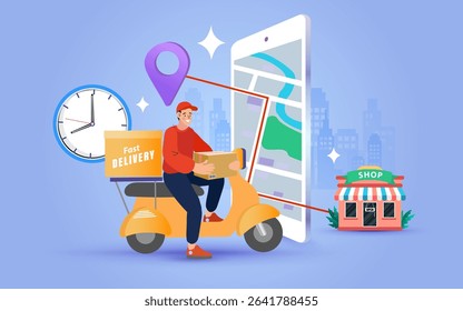 Internet digital store scene with people on shopping. E-commerce advertising illustration. fast online delivery service. Hands holding a package box with groceries out of mobile screen. Food delivery.