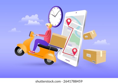 Internet digital store scene with people on shopping. E-commerce advertising illustration. fast online delivery service. Hands holding a package box with groceries out of mobile screen. Food delivery.