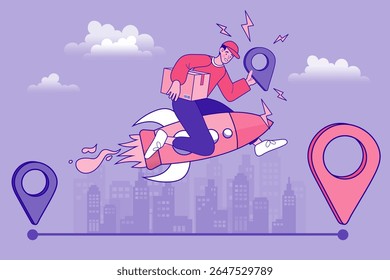 Internet digital store scene with people on shopping. E-commerce advertising illustration. fast online delivery service. Hands holding a package box with groceries out of mobile screen. Food delivery.