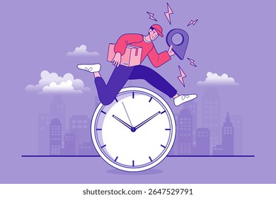 Internet digital store scene with people on shopping. E-commerce advertising illustration. fast online delivery service. Hands holding a package box with groceries out of mobile screen. Food delivery.