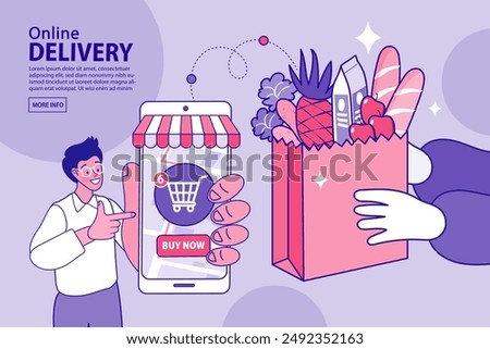 Internet digital store scene with people on shopping. E-commerce advertising illustration. fast online delivery service. Hands holding a package box with groceries out of mobile screen. Food delivery.