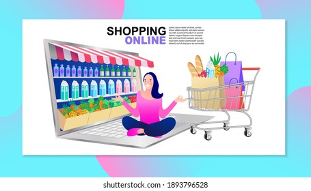 Internet digital store scene with woman on shopping. E-commerce advertising illustration.