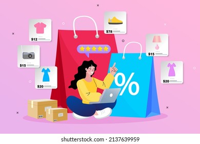 Internet digital store scene with woman on shopping. E-commerce advertising illustration. fast online delivery service. Hands holding a package box with groceries out of laptop screen. Food delivery.