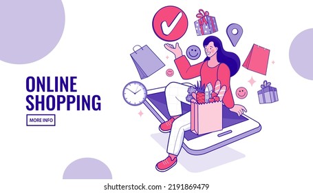 Internet-Szene digitale Geschäft mit Frau beim Einkaufen. E-Commerce-Werbung Illustration. schneller Online-Zustelldienst. Hände, die eine Packung mit Lebensmitteln aus dem mobilen Bildschirm halten. Lieferung von Nahrungsmitteln.