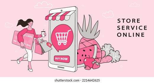 Escena de tienda digital de internet con mujer de compras. Ilustración publicitaria del comercio electrónico. servicio de entrega rápida en línea. Manos sosteniendo una caja de paquetes con comestibles fuera de la pantalla móvil. Entrega de alimentos.